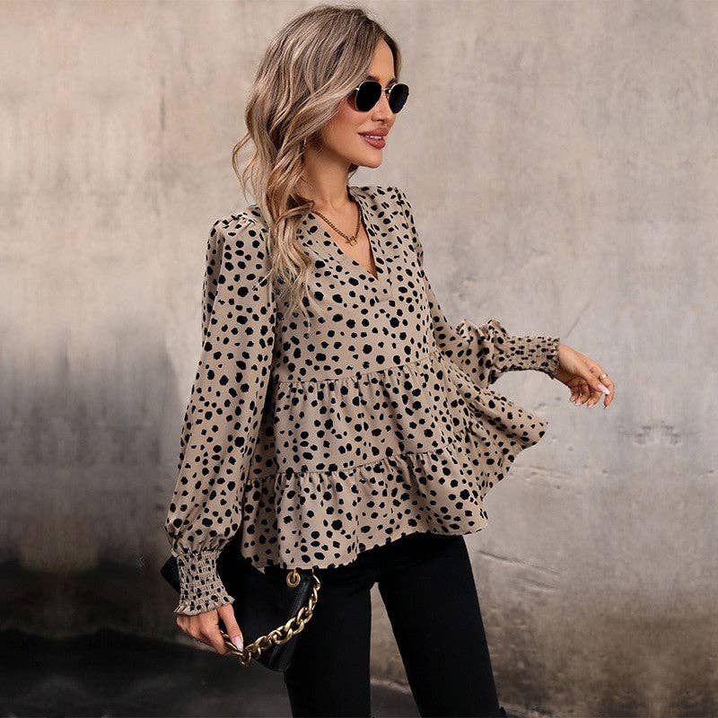 Loose Lantern Sleeve V-Neck Long-Sleeved Leopard Print Shirt