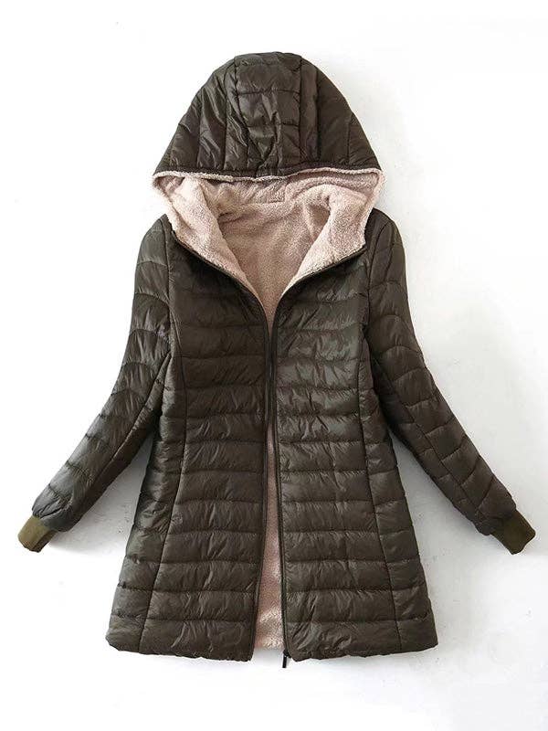 Long Sleeves Keep Warm Pockets Velvet Zipper Hooded Outerwear Padded Coat