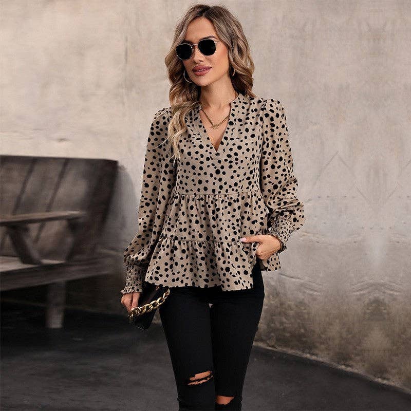 Loose Lantern Sleeve V-Neck Long-Sleeved Leopard Print Shirt