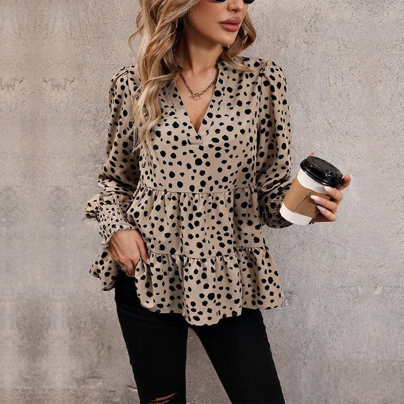 Loose Lantern Sleeve V-Neck Long-Sleeved Leopard Print Shirt