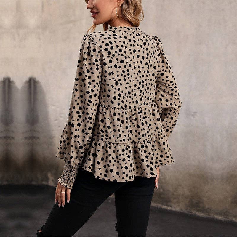 Loose Lantern Sleeve V-Neck Long-Sleeved Leopard Print Shirt